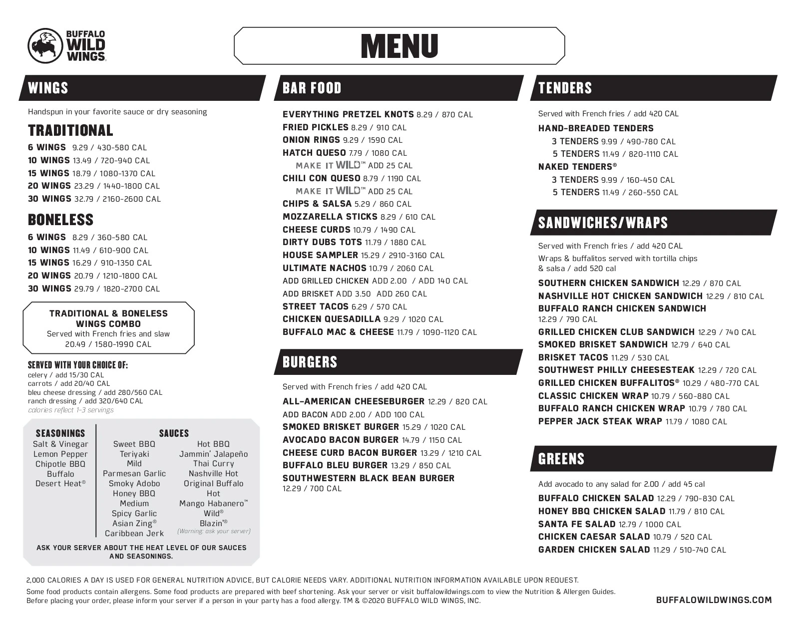 Buffalo Wild Wings Menus  - Menu Examples, AI Menu Generator