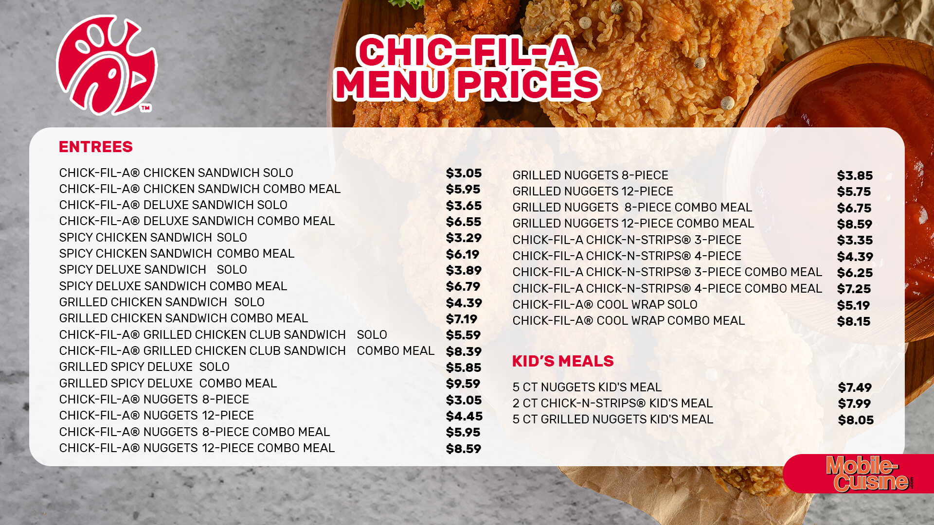 Chick-fil-A Entrees Menu with Prices