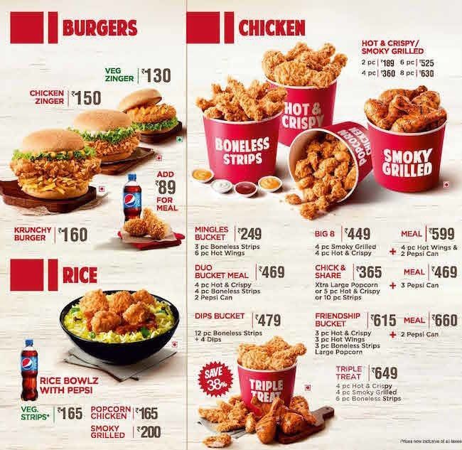 KFC Burgers & Chicken Menu
