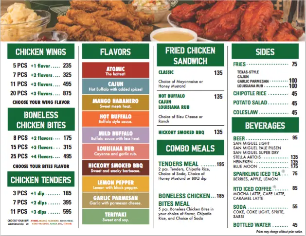 Subway Fried Chicken & Wings Menu