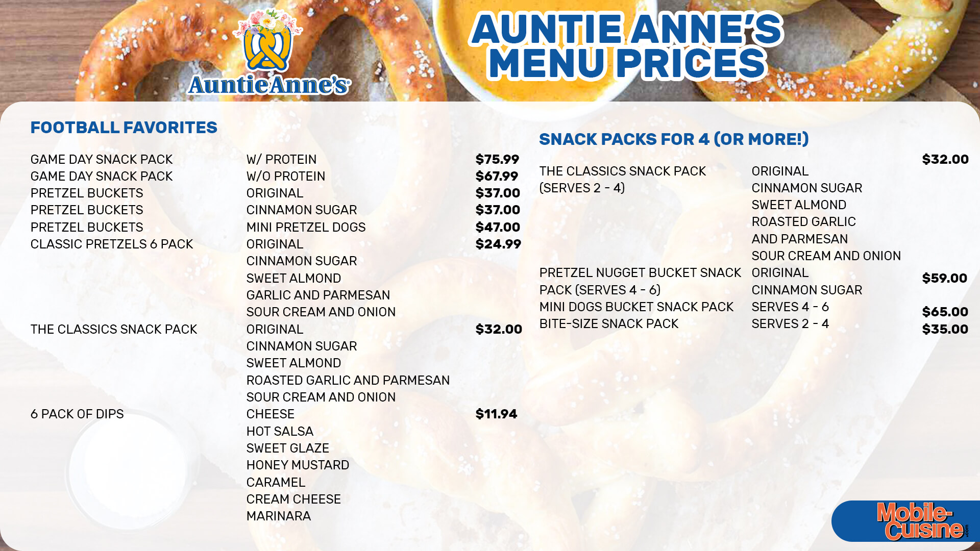 Auntie Anne's Menu  - Free AI Menu Generator, 50+ Real Menu Examples