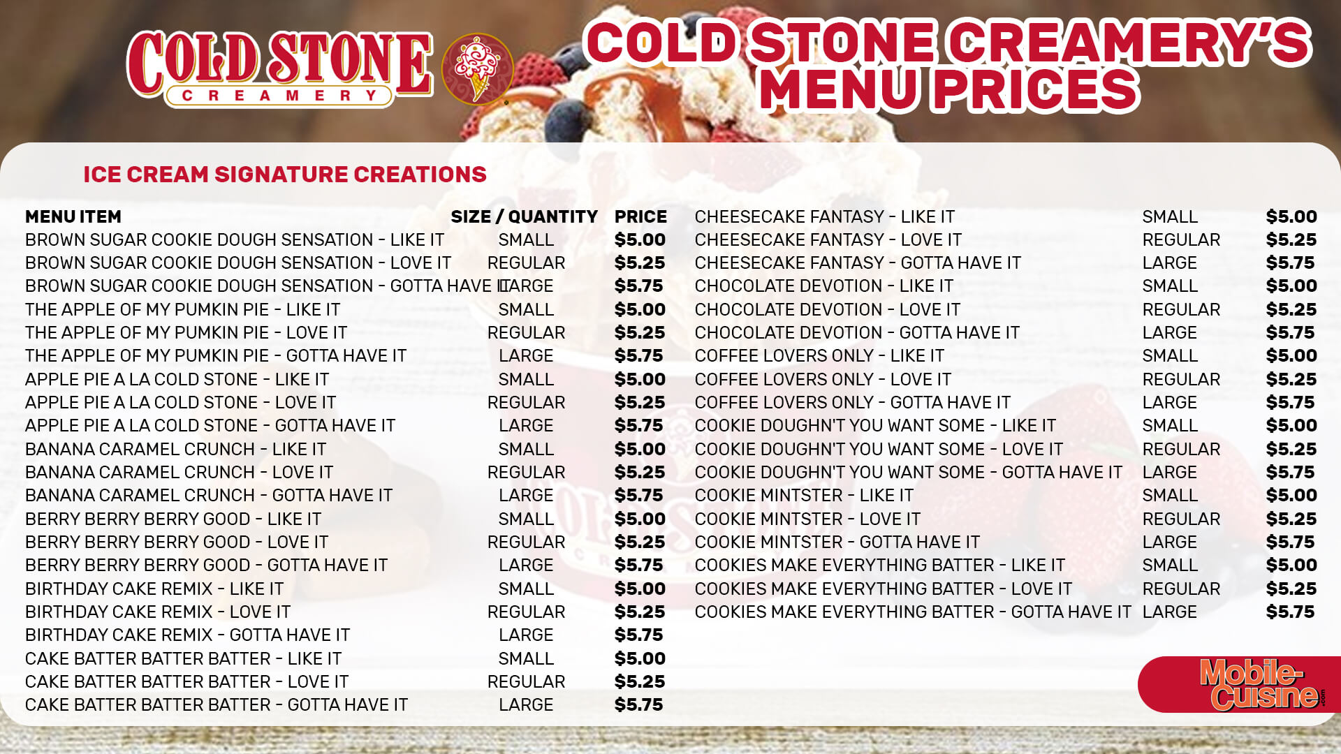 Cold Stone Creamery Menu  - Free AI Menu Generator, 50+ Real Menu Examples