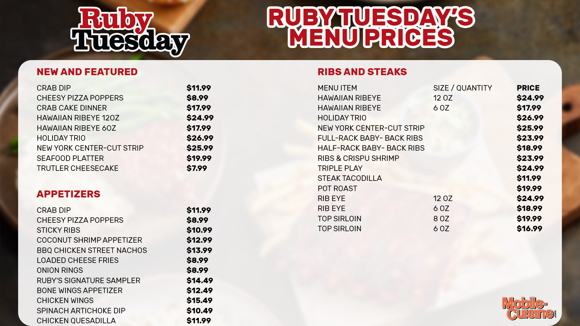 Ruby Tuesday Menu  - Free AI Menu Generator, 50+ Real Menu Examples
